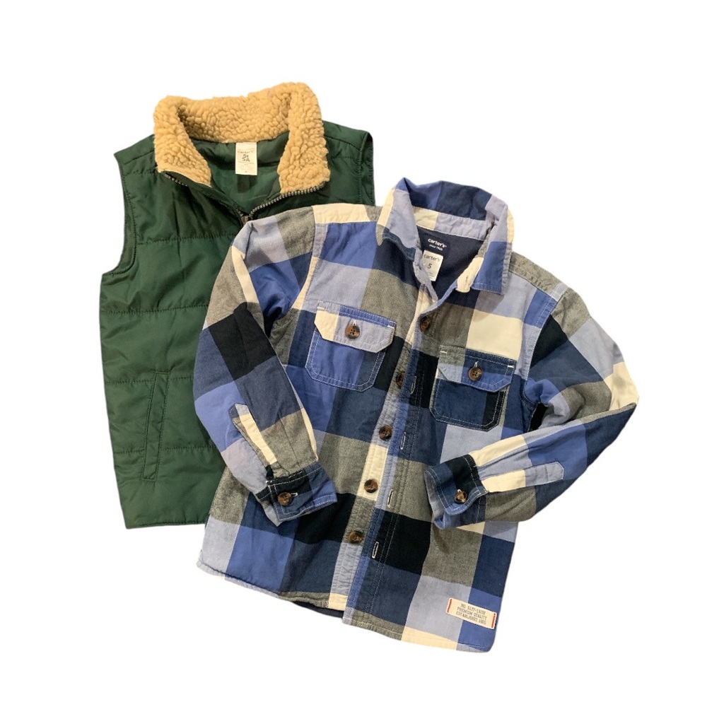 Carter’s (1)Vest Green Fleece Neck Pockets (2)Shacket Navy Blue Plaid Pockets 5T